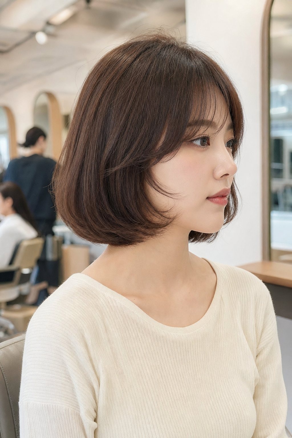 자연스러운 볼륨감이 돋보이는 단발 C컬