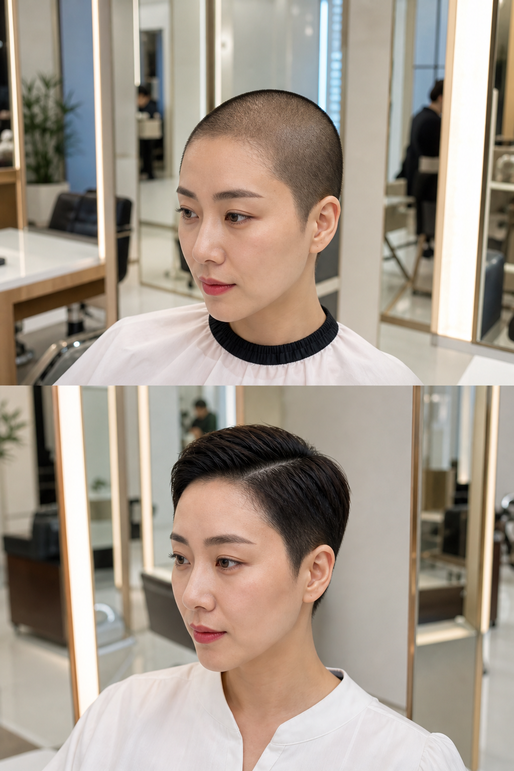 Scalp micropigmentation before and after, with side-parted styling
