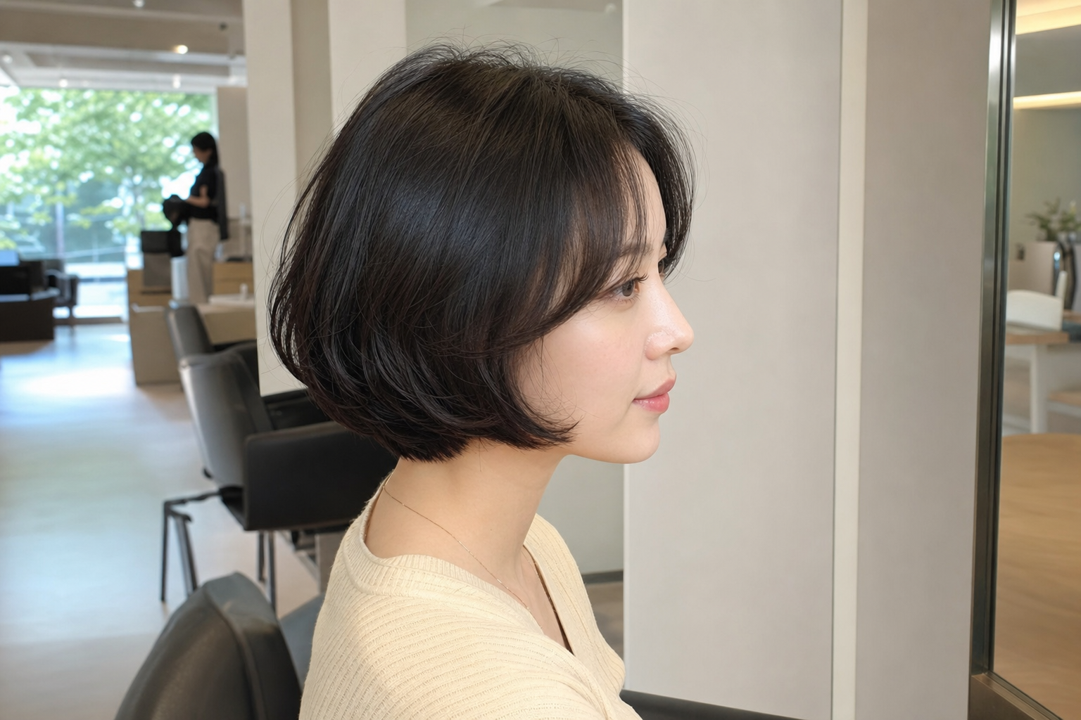 단발펌으로 정돈된 실루엣을 살린 스타일