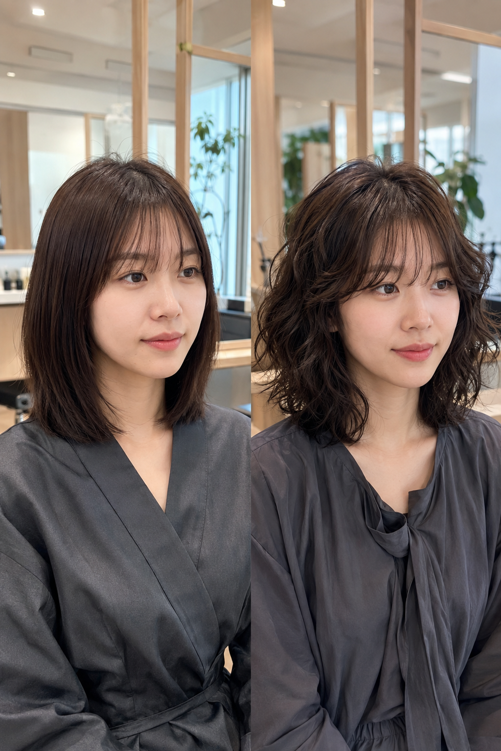 얇은 직모에 굵은히피펌을 적용했을 때의 변화를 보여주는 이미지