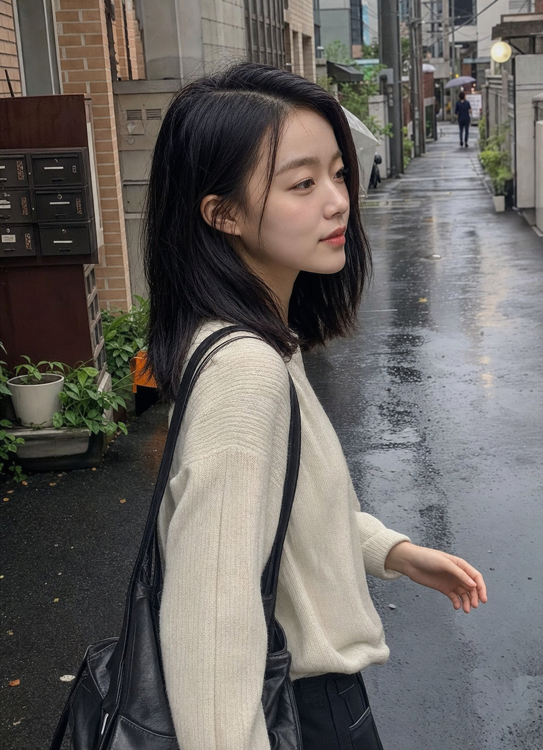 비 온 뒤 골목길에서 보이는 긴 머리 슬릭컷