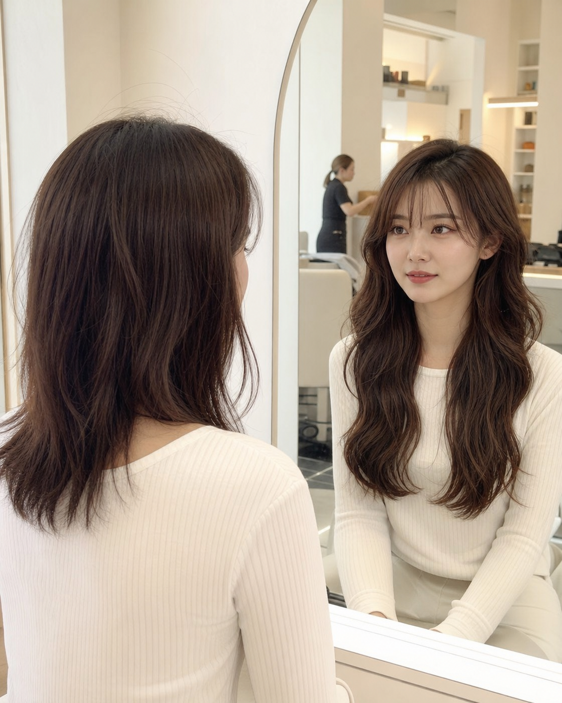 짧은 머리에서 긴 웨이브 스타일로 바뀐 연출
