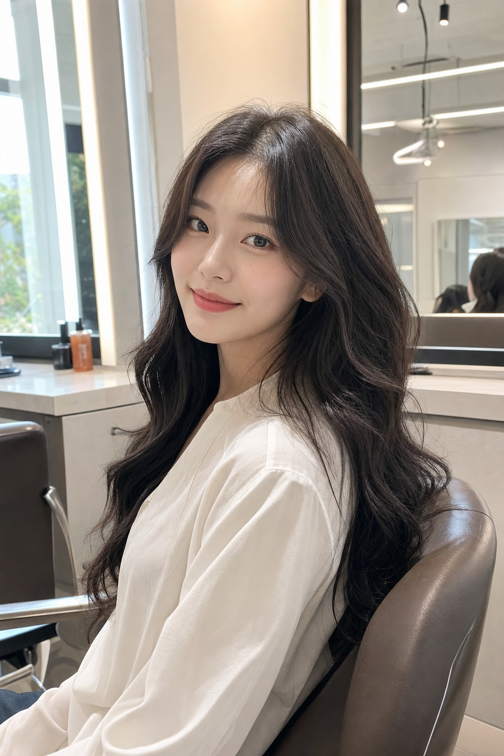 자연스러운 S컬 웨이브의 긴머리 한국 여성