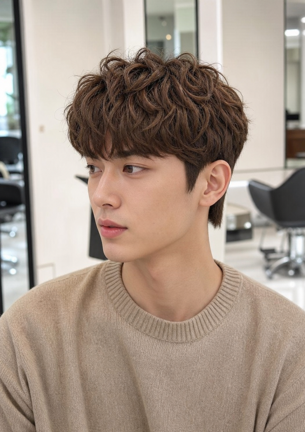 가르마펌과 세미 울프컷이 어우러진 자연스러운 연출
