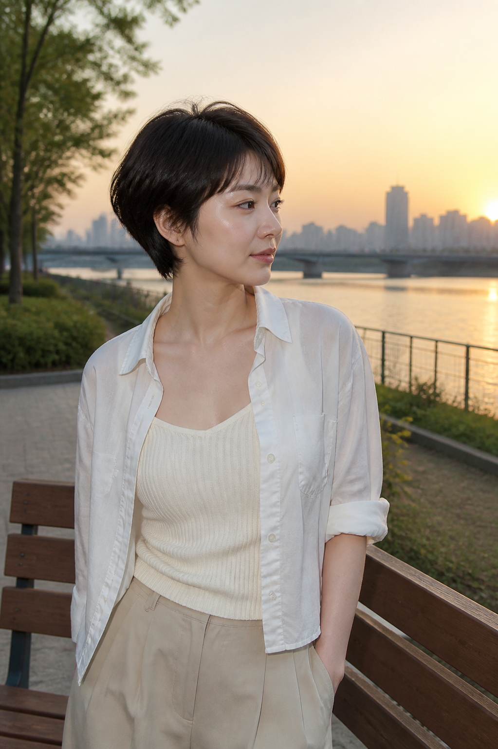 한강공원 노을빛 속 부드러운 볼륨 헤어