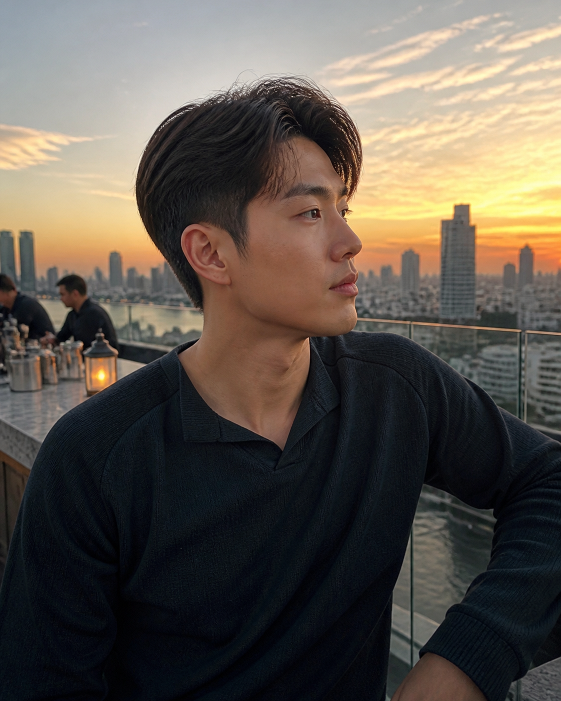 노을빛 루프탑에서 돋보이는 차분한 애쉬브라운 헤어