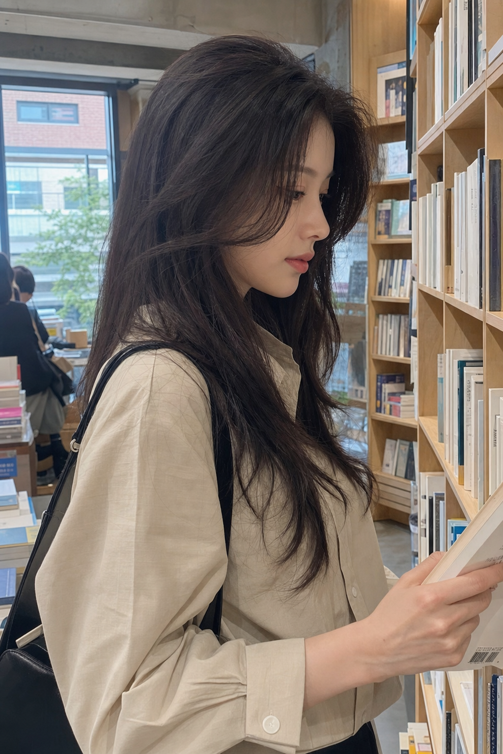 서점에서 옆모습으로 보이는 레이어드 헤어