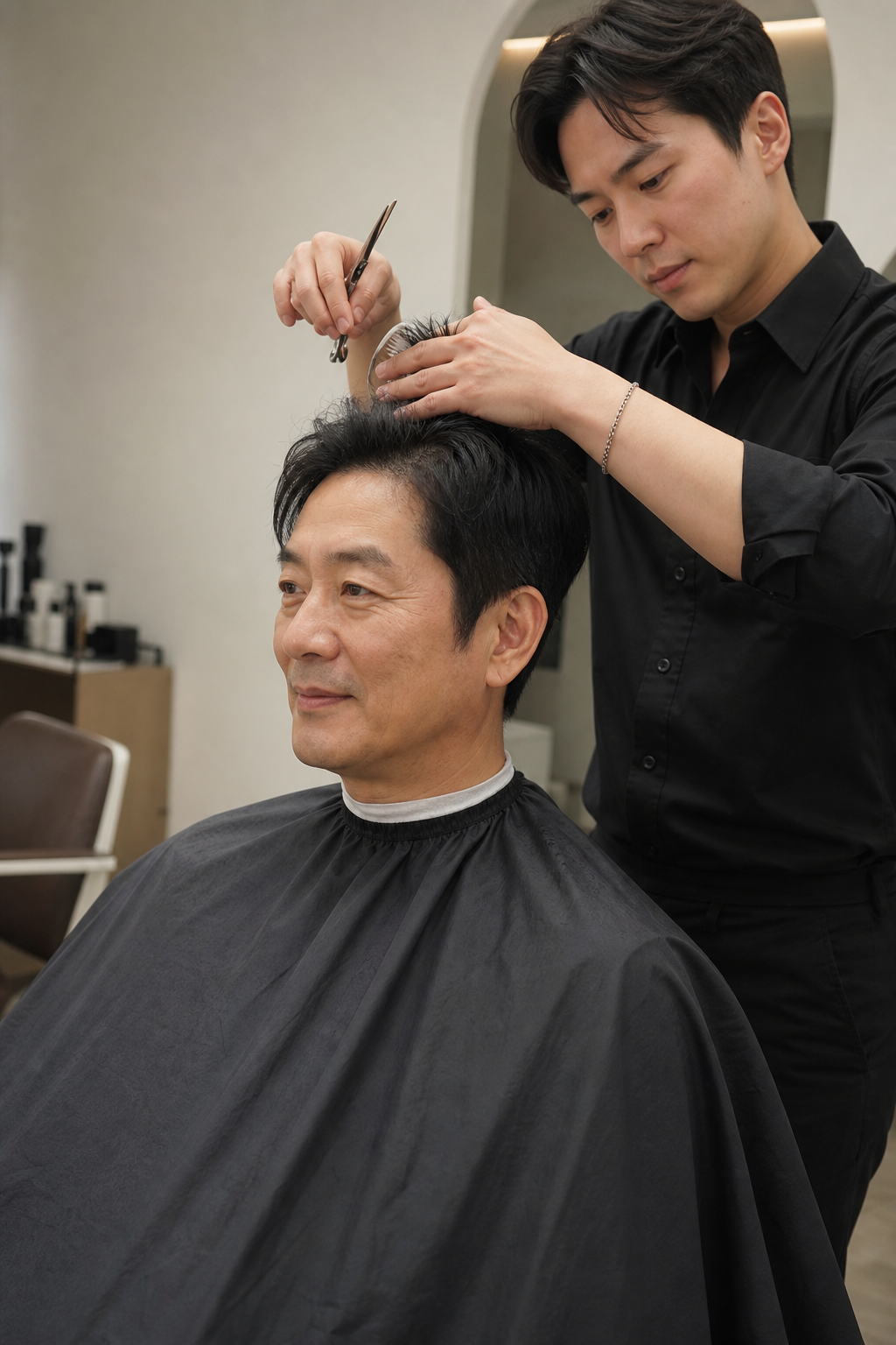 전문가에게 헤어 스타일링을 받는 모습