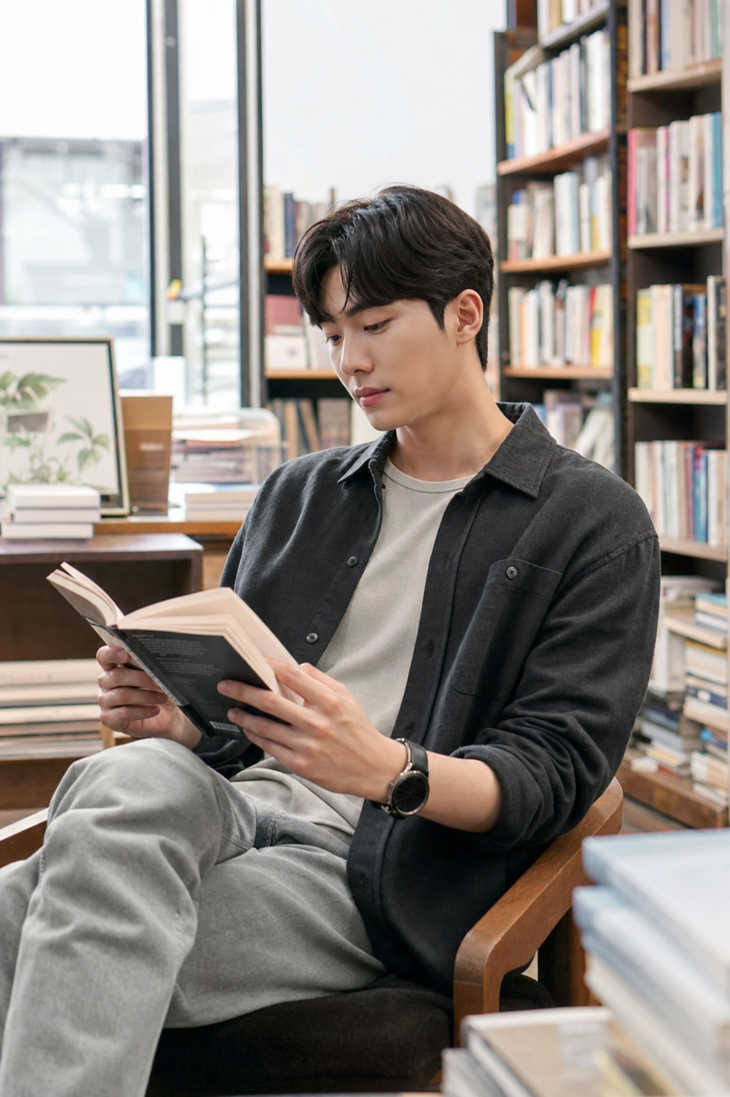 서점 일상샷, 깔끔한 짧은 머리와 자연스러운 분위기