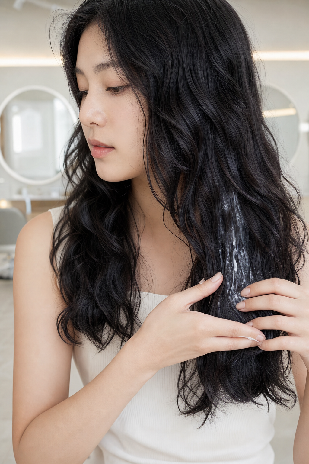긴 웨이브 머리에 헤어 에센스를 바르는 모습