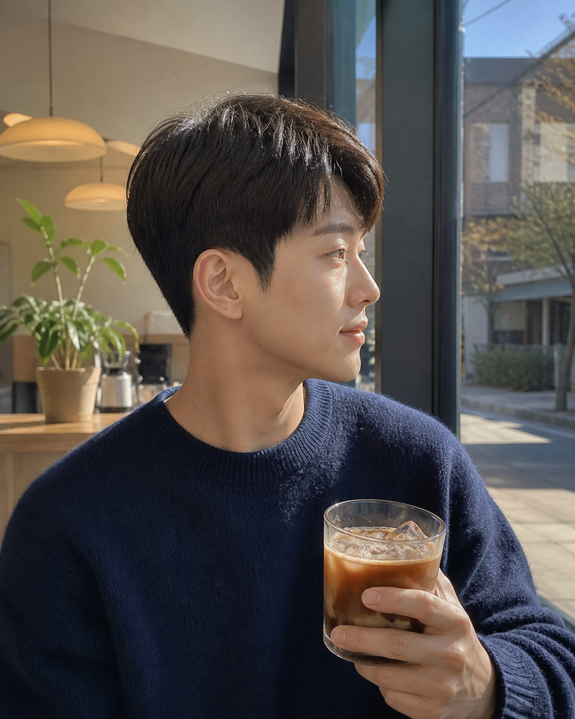 카페 창가에서 보이는 자연스러운 애쉬브라운 남자 헤어