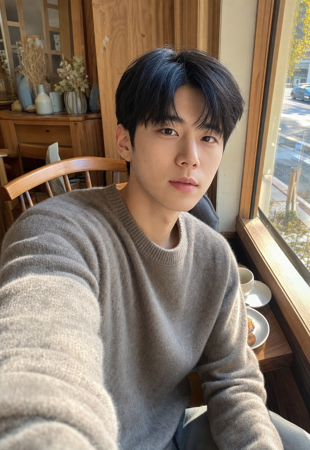 카페 창가에서 자연광으로 찍은 시스루 댄디 느낌