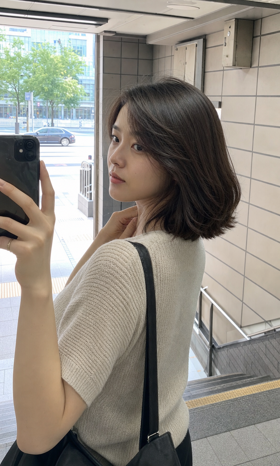 지하철역 입구 거울셀카로 담은 정돈된 생머리