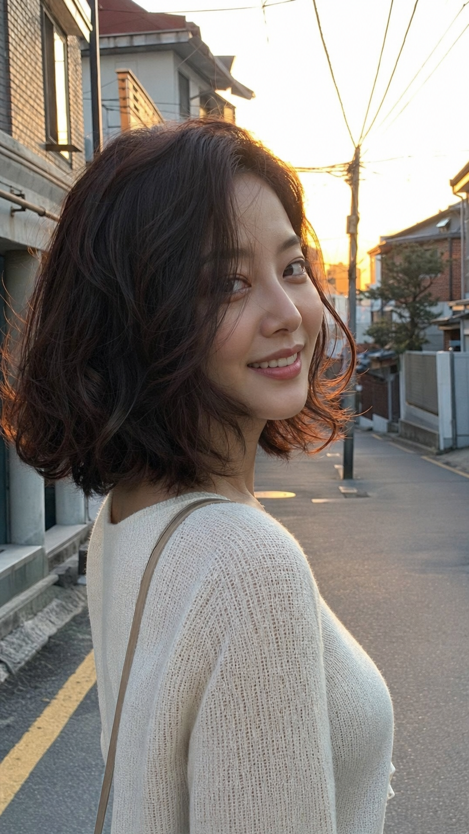노을 골목길에서 보이는 긴머리 자연 웨이브