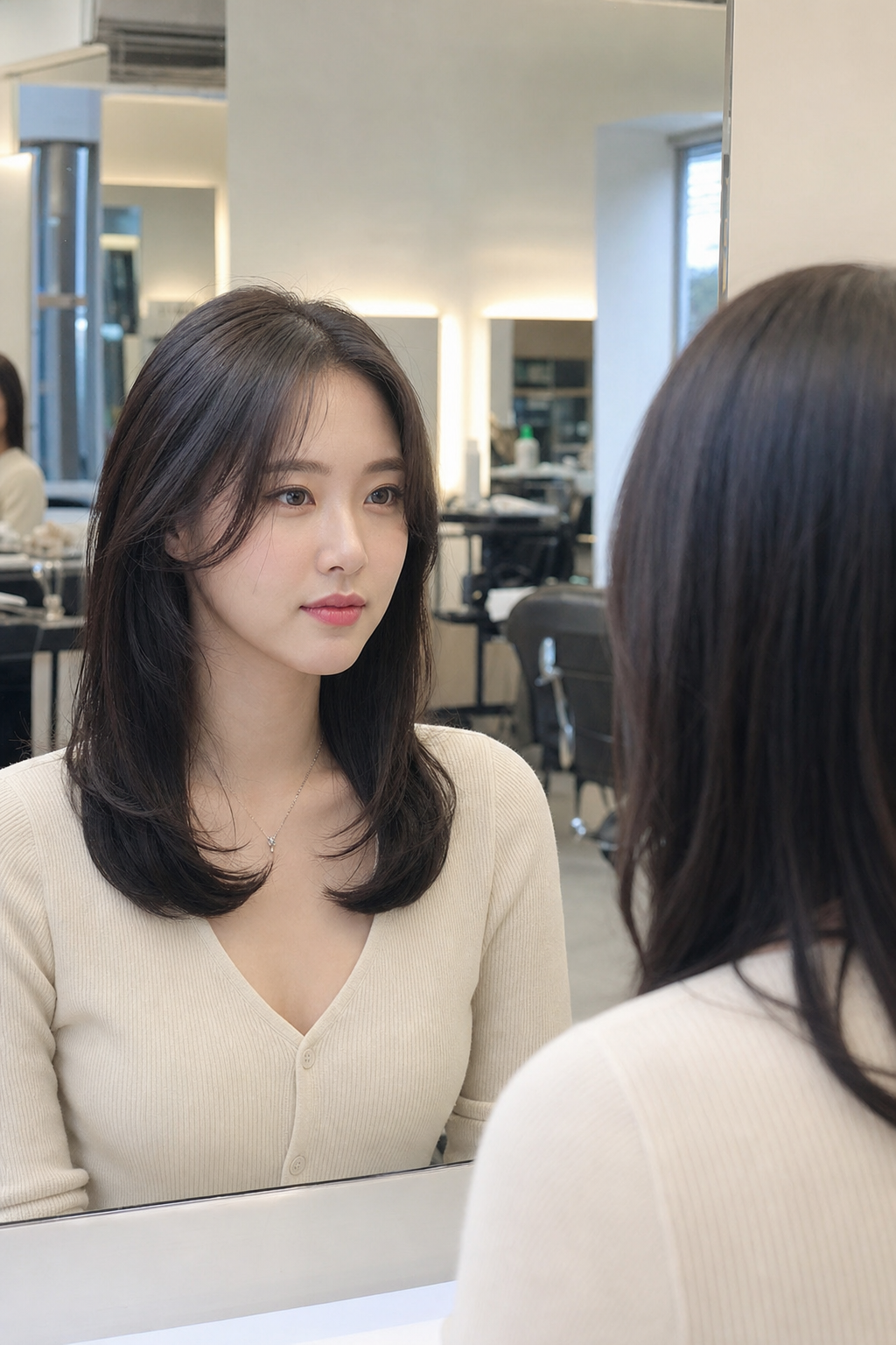 네컷사진 촬영 전 헤어스타일과 메이크업을 점검하는 여성