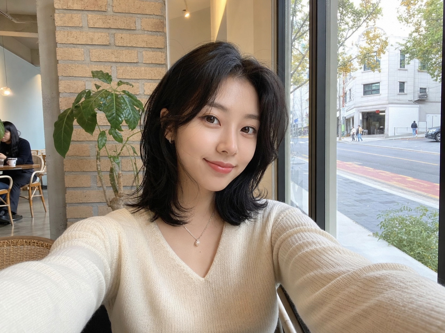 창가 카페에서 담은 하이 레이어드 텍스처 셀피
