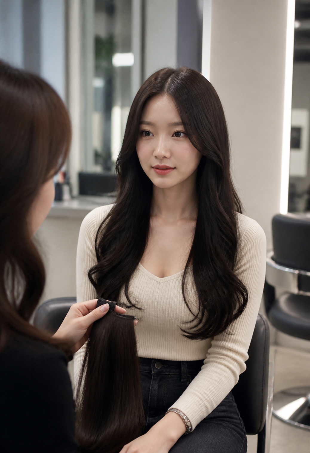 자연스러운 길이 연출을 상담하는 모습