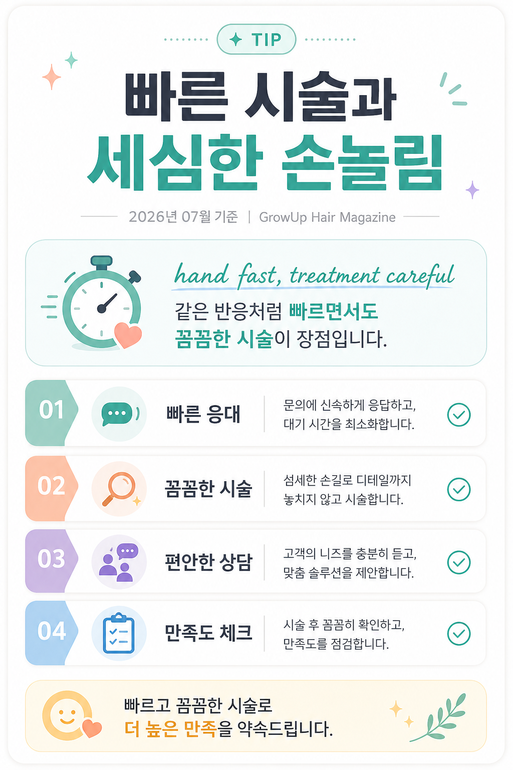 빠른 시술과 세심한 손놀림 — hand fast, treatment careful 같은 반응처럼 빠르면서도 꼼꼼한 시술이 장점입니다.