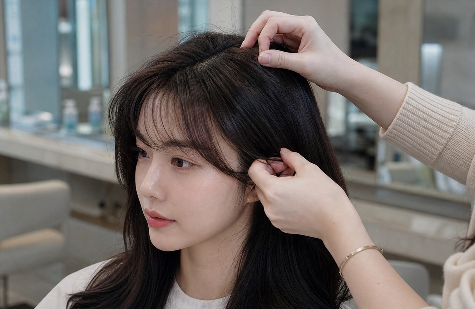 한올 단위로 정교하게 붙인 앞머리 연장