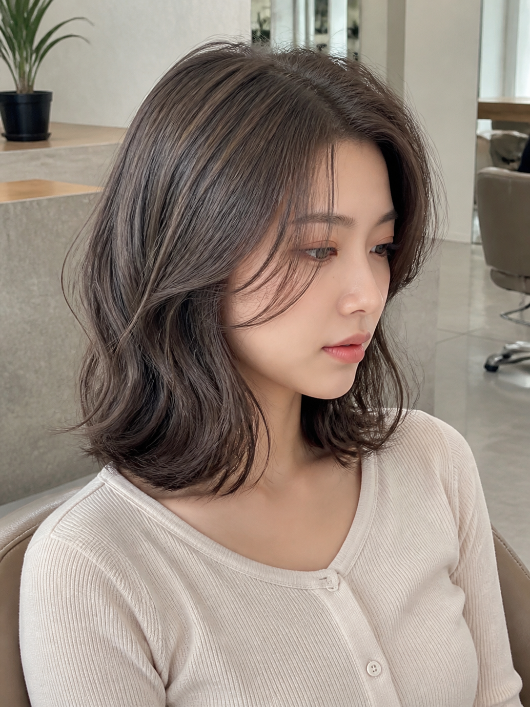 탈색 없이 연출한 차분한 애쉬브라운 헤어