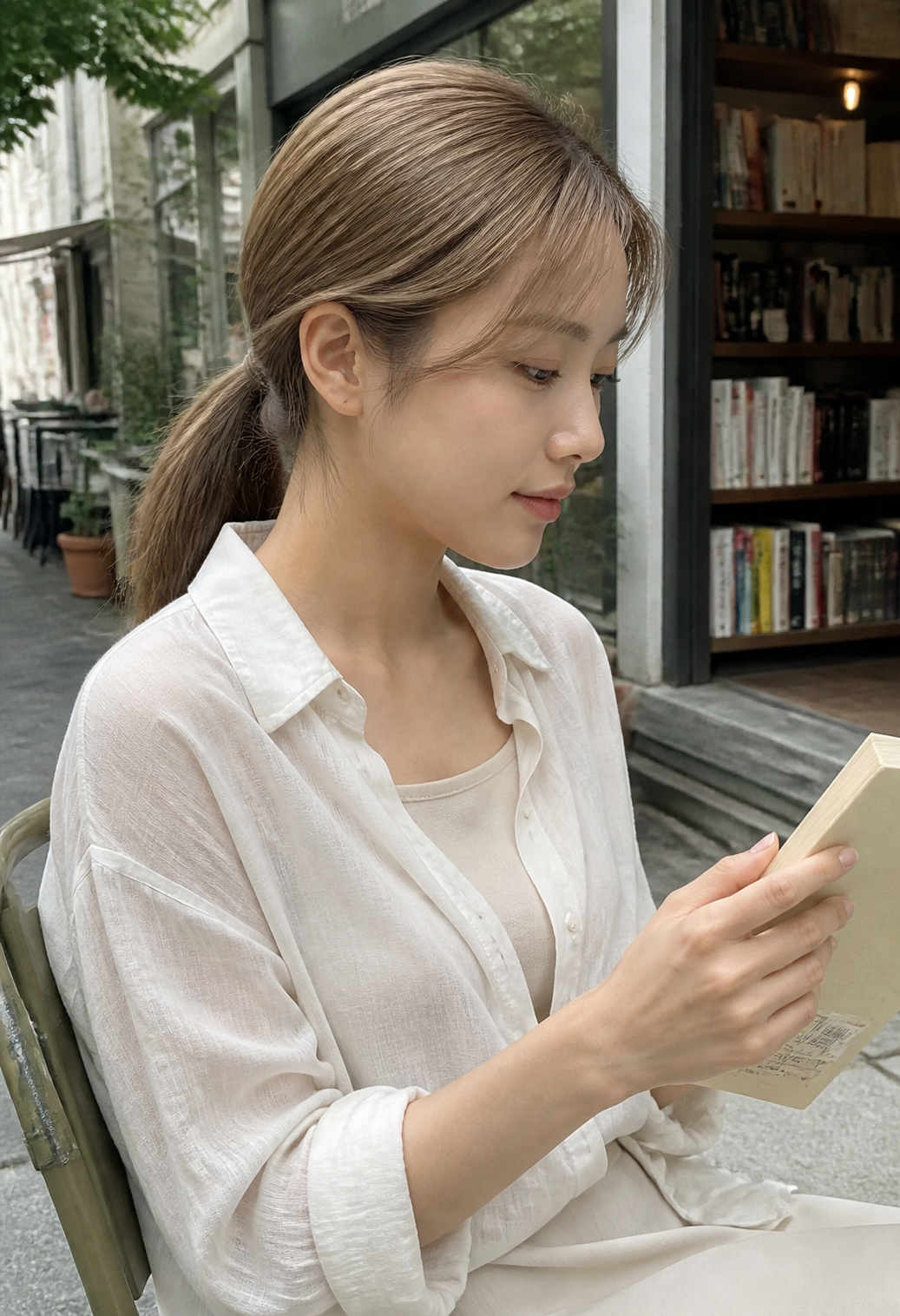 서점 앞에서 자연스럽게 떨어지는 긴 머리