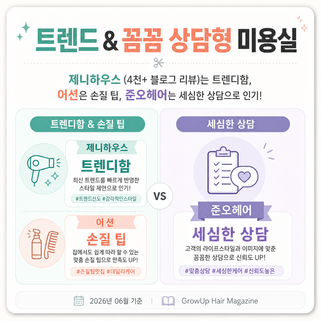 트렌드 & 꼼꼼 상담형 미용실 — 제니하우스 (4천+ 블로그 리뷰)는 트렌디함, 어션은 손질 팁, 준오헤어는 세심한 상담으로 인기!