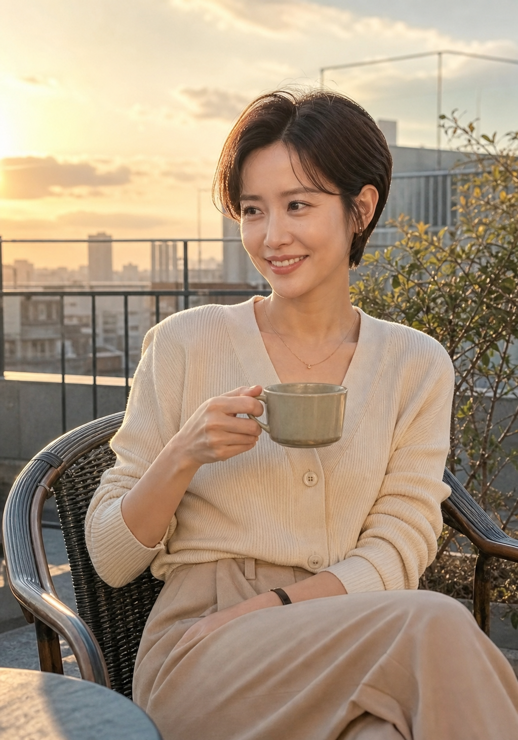노을빛 루프탑에서 드러나는 목선과 볼륨