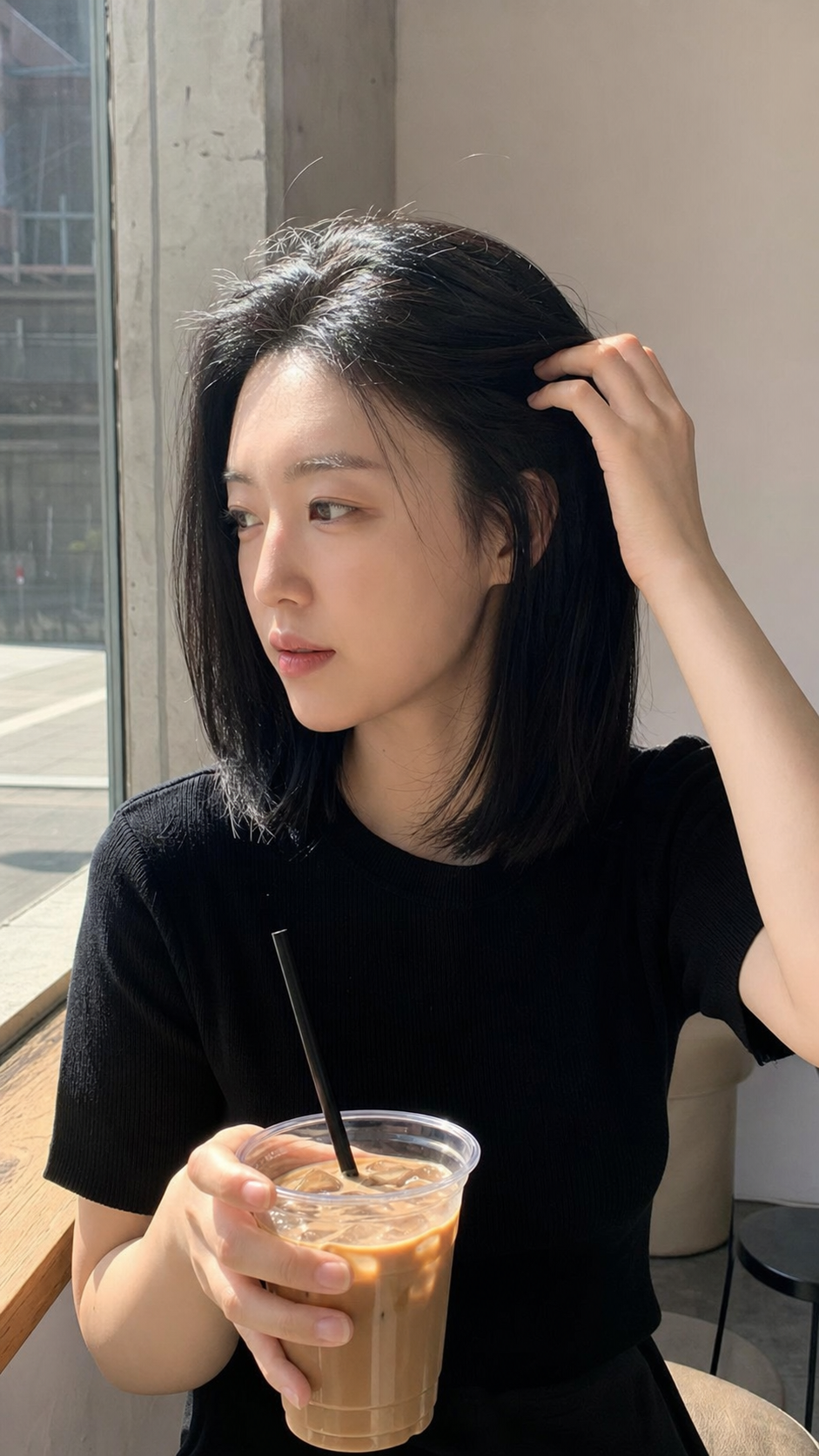 카페 창가 셀피 느낌의 슬릭백 로우 번