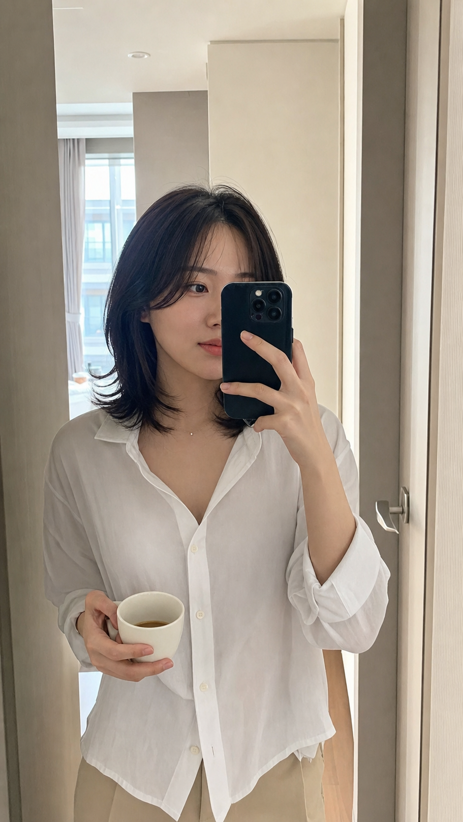 거울 셀카로 확인하는 단정한 중단발 컬