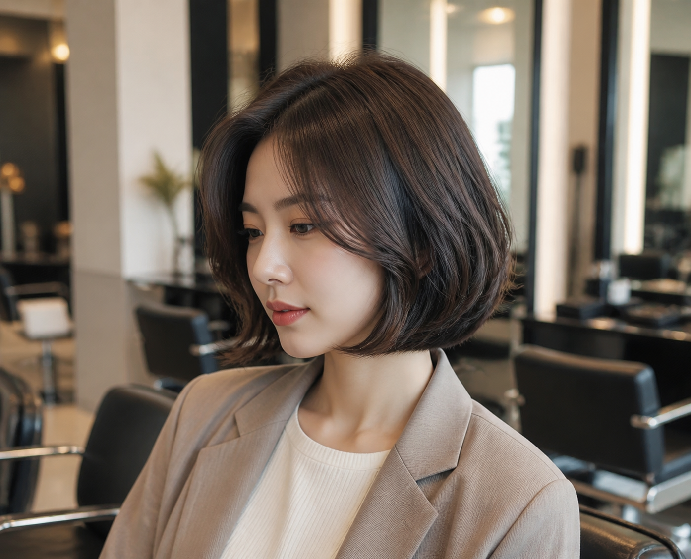 단발 스타일 상담을 받는 한국인 여성