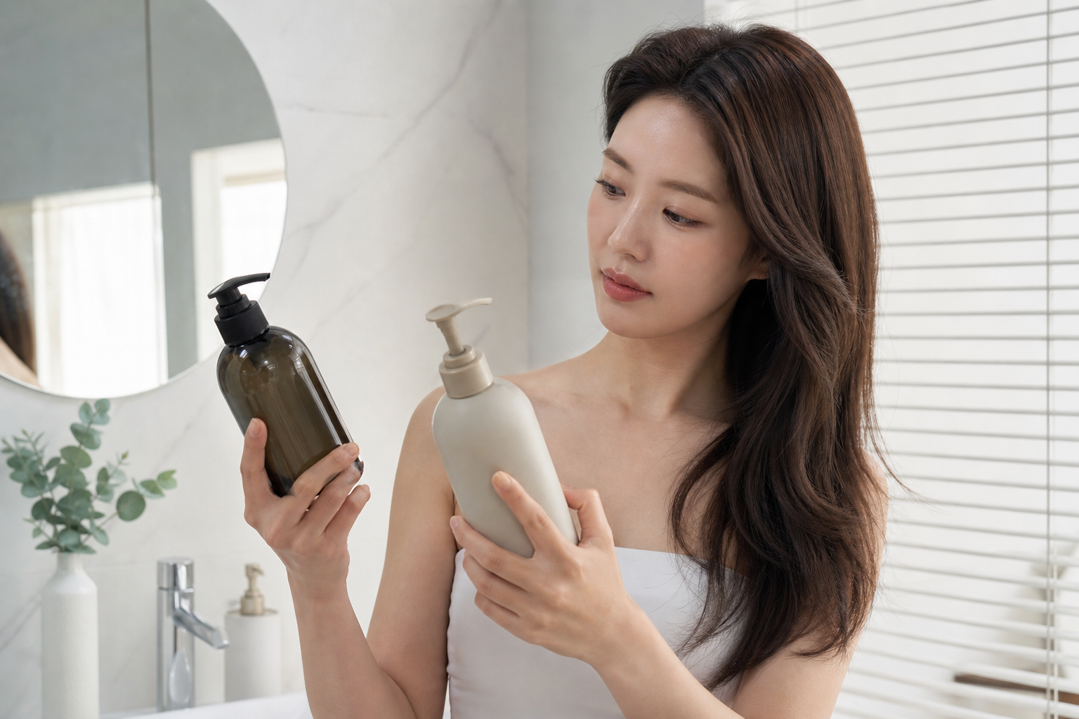 두피 타입에 따라 샴푸를 비교하는 한국 여성의 뷰티 컷