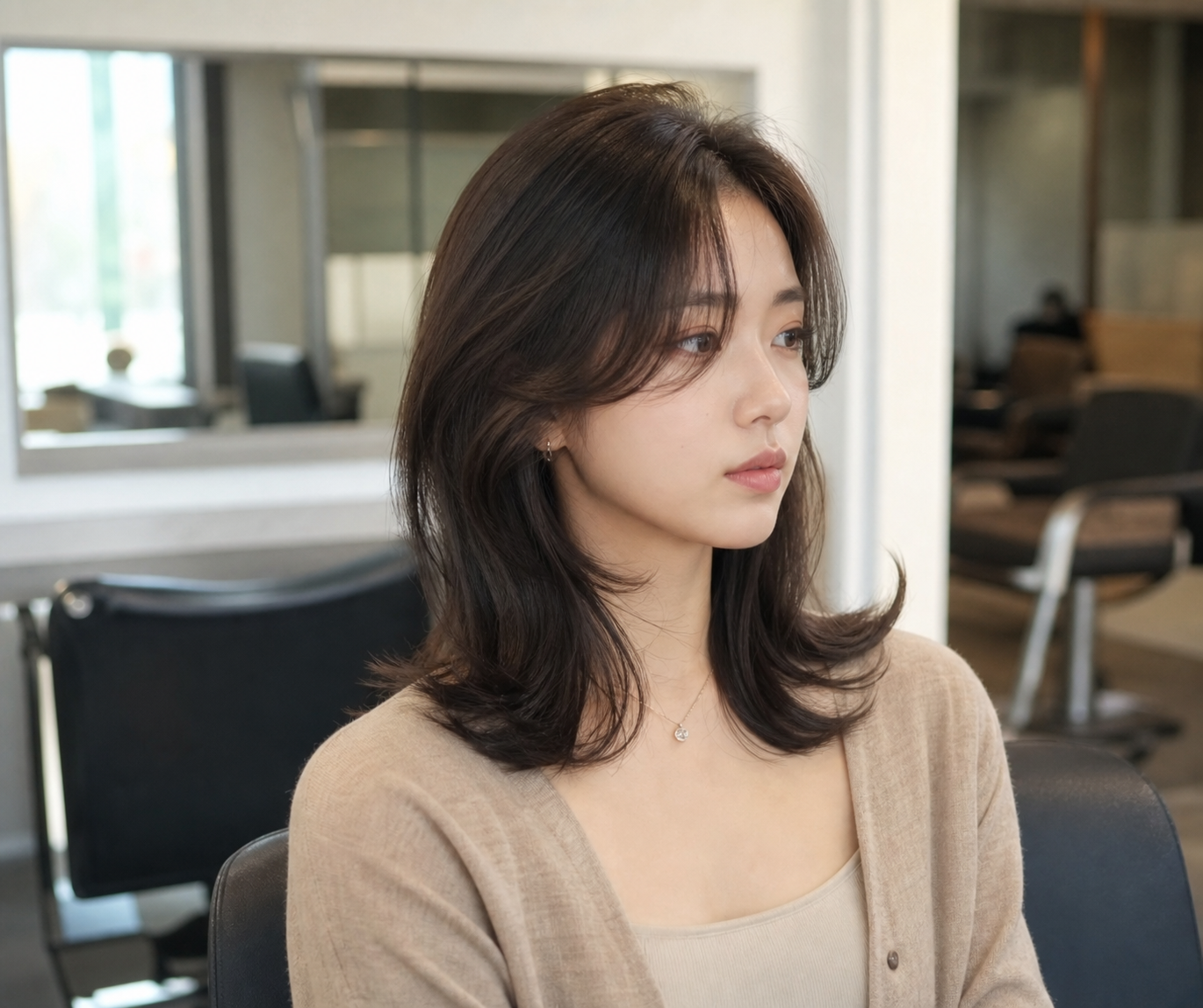 거지존 앞머리를 자연스럽게 넘긴 깻잎머리 스타일