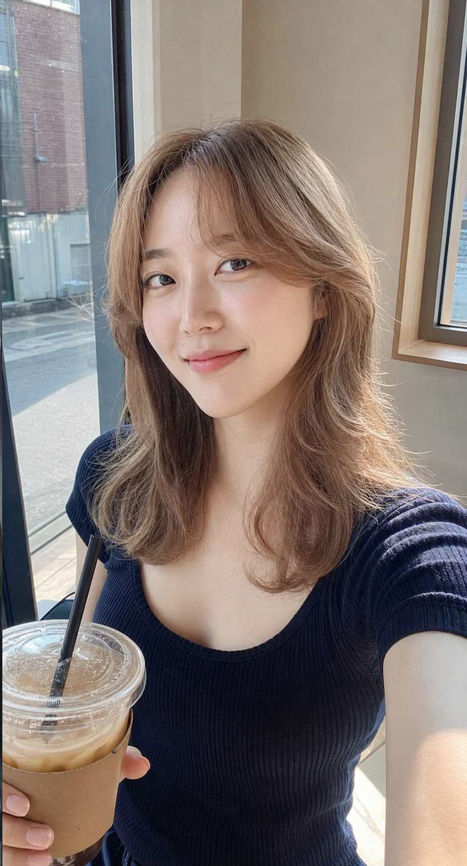 창가 카페에서 찍은 자연스러운 미디움 레이어드 셀피