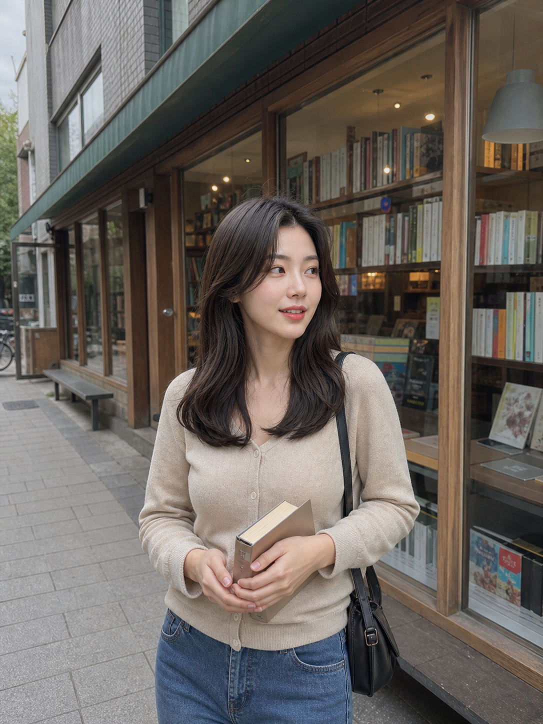 서점 앞에서 보이는 이마 드러난 긴머리