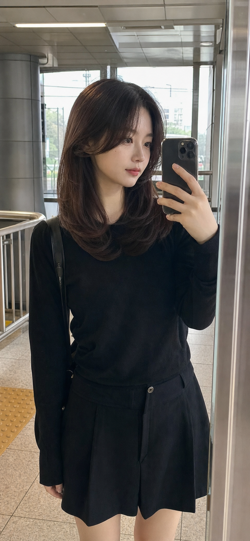 지하철역 거울 셀카의 로 번 스타일
