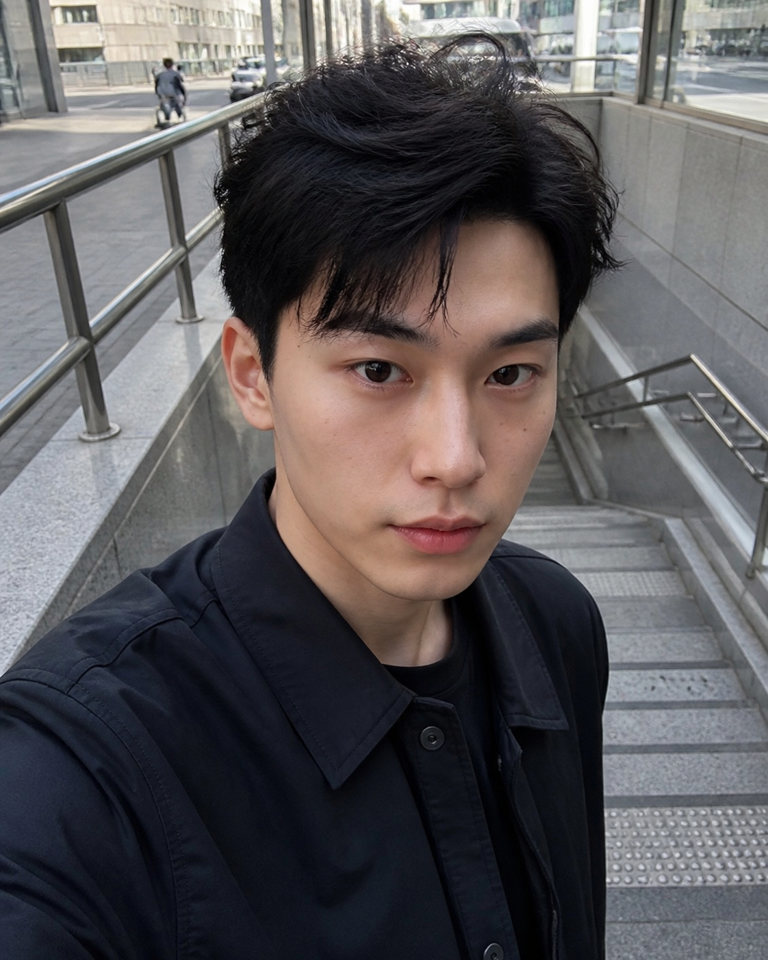 지하철역 입구 하이앵글 셀피, 도시적인 짧은 헤어