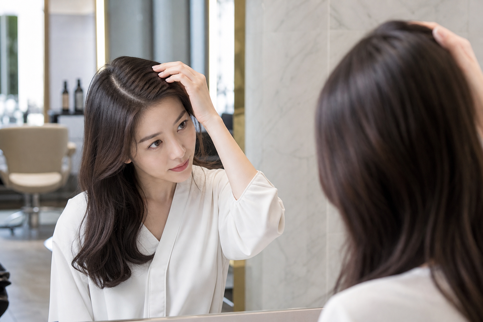 비듬과 두피 유분을 점검하는 한국 여성의 현실적인 장면