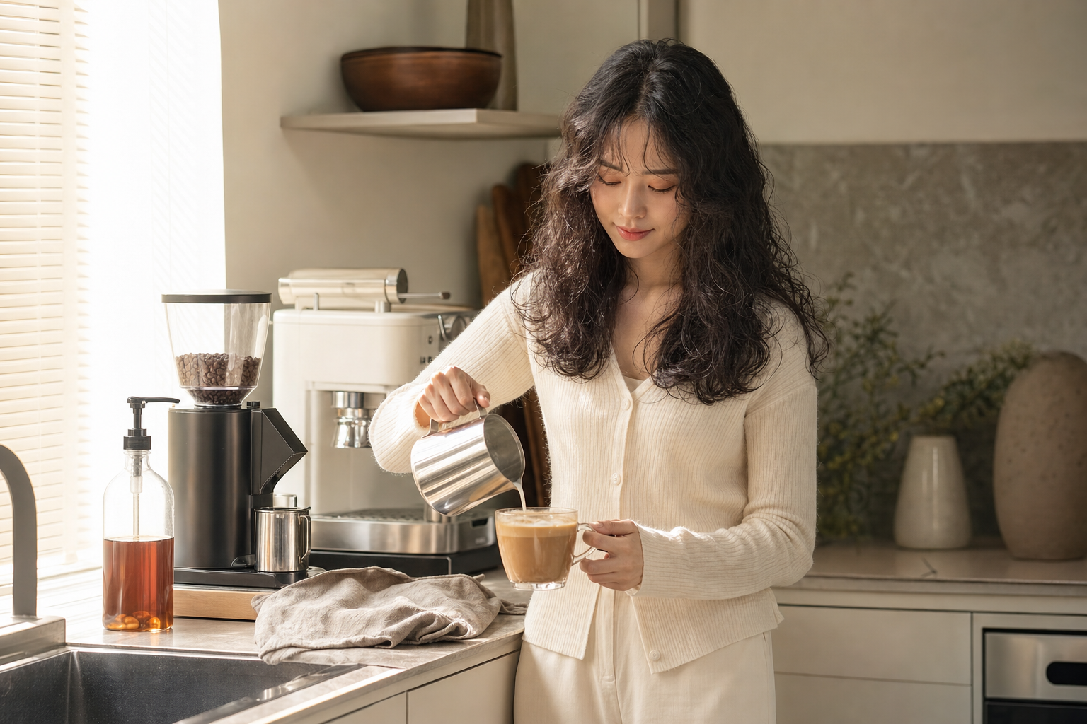 홈카페에서 1L 시럽과 펌프를 사용하는 장면