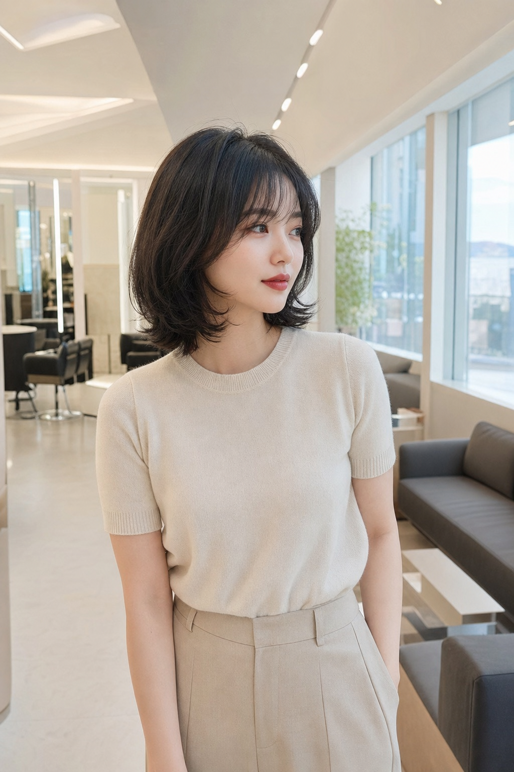 중단발펌과 대형 매장형 편의성을 함께 보여주는 사직동 미용실 이미지