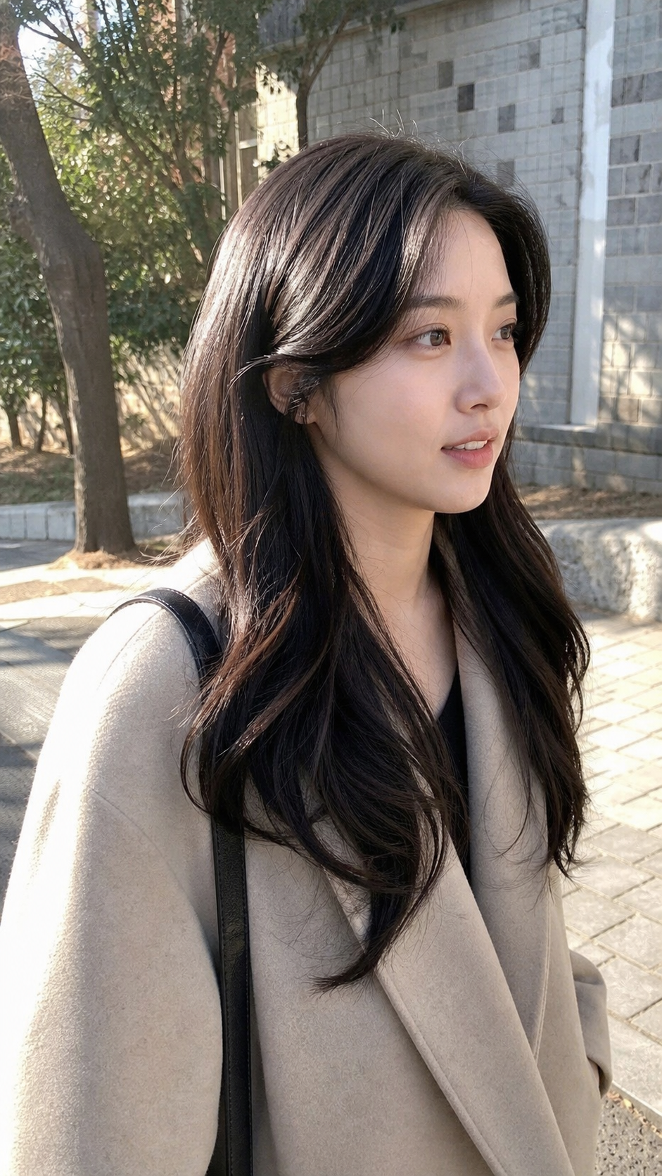 대학가 거리에서 담은 사이드뱅+긴 레이어드 스냅