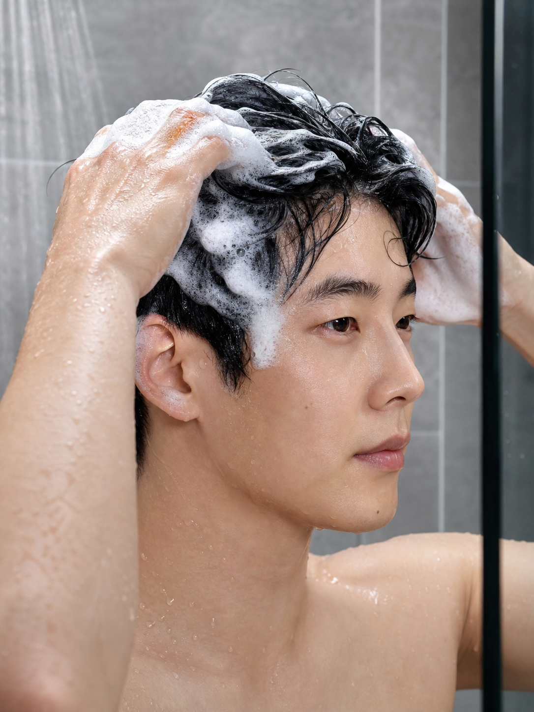 개운하지만 자극을 줄인 지성두피 샴푸 사용 장면