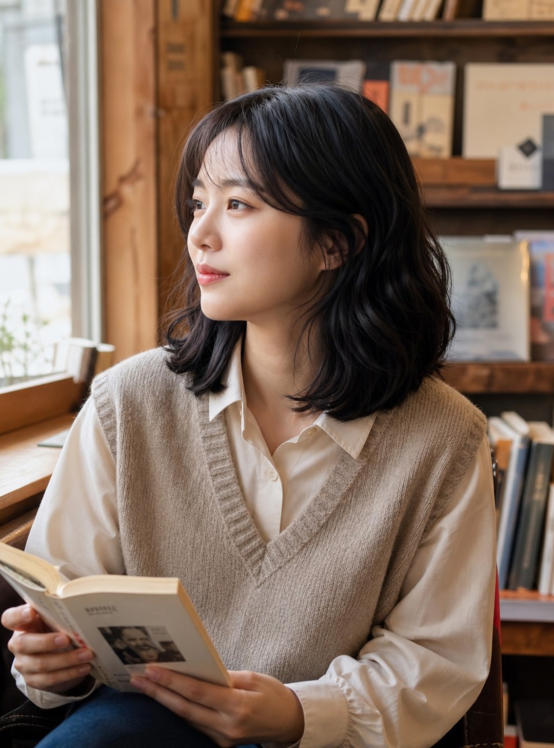 서점 창가 옆모습으로 보이는 단정한 단발