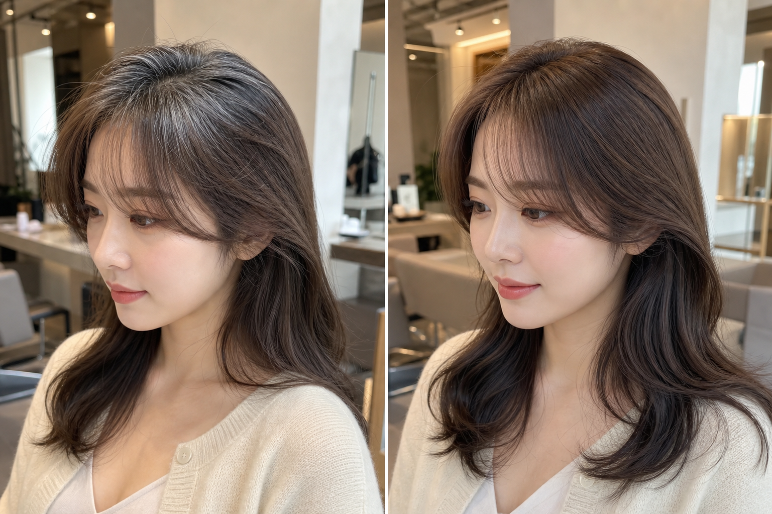 밝은갈색염색약 사용 후 새치 커버 변화