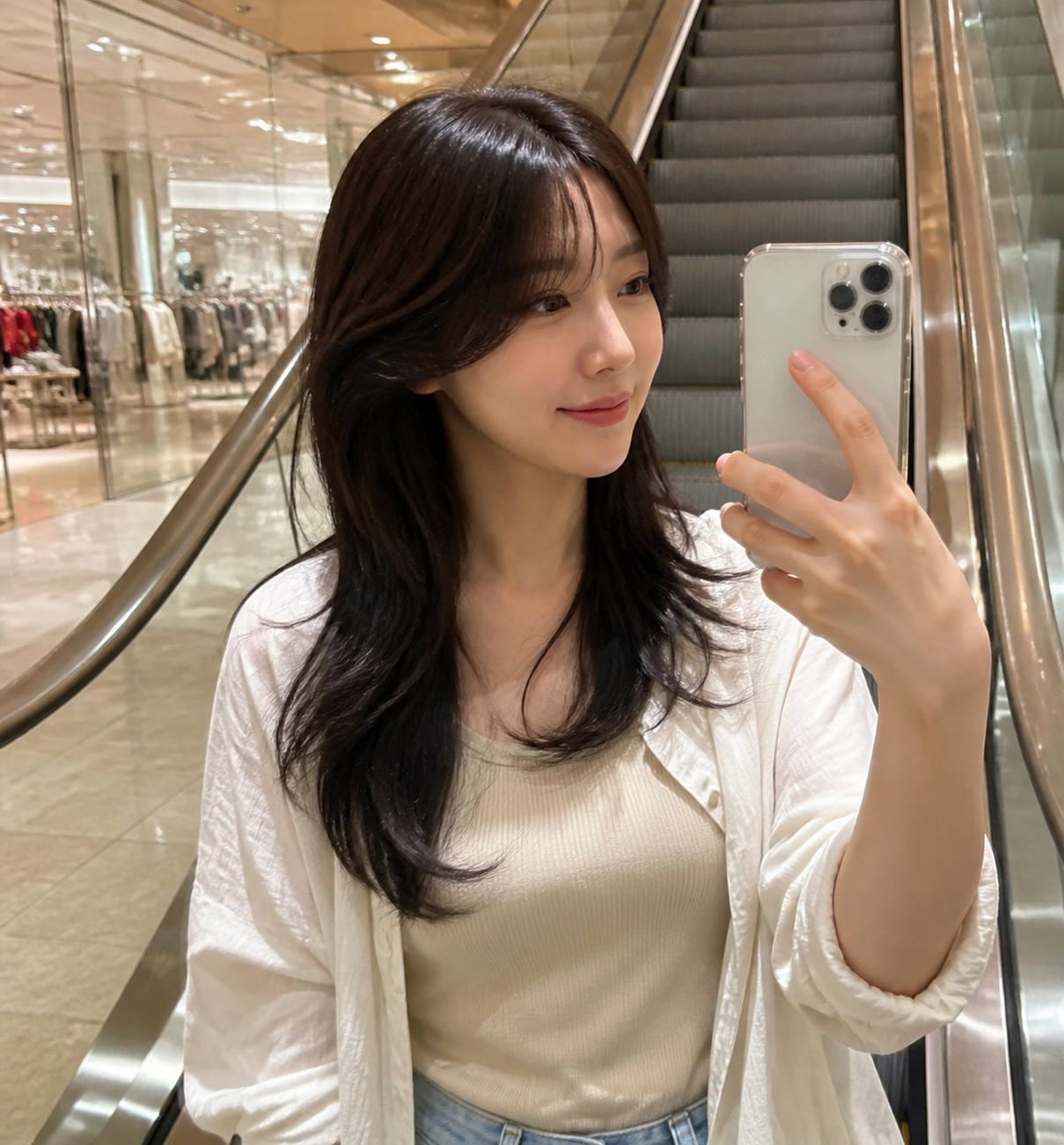 백화점 실내 셀피, 부드러운 끝선과 단정한 실루엣