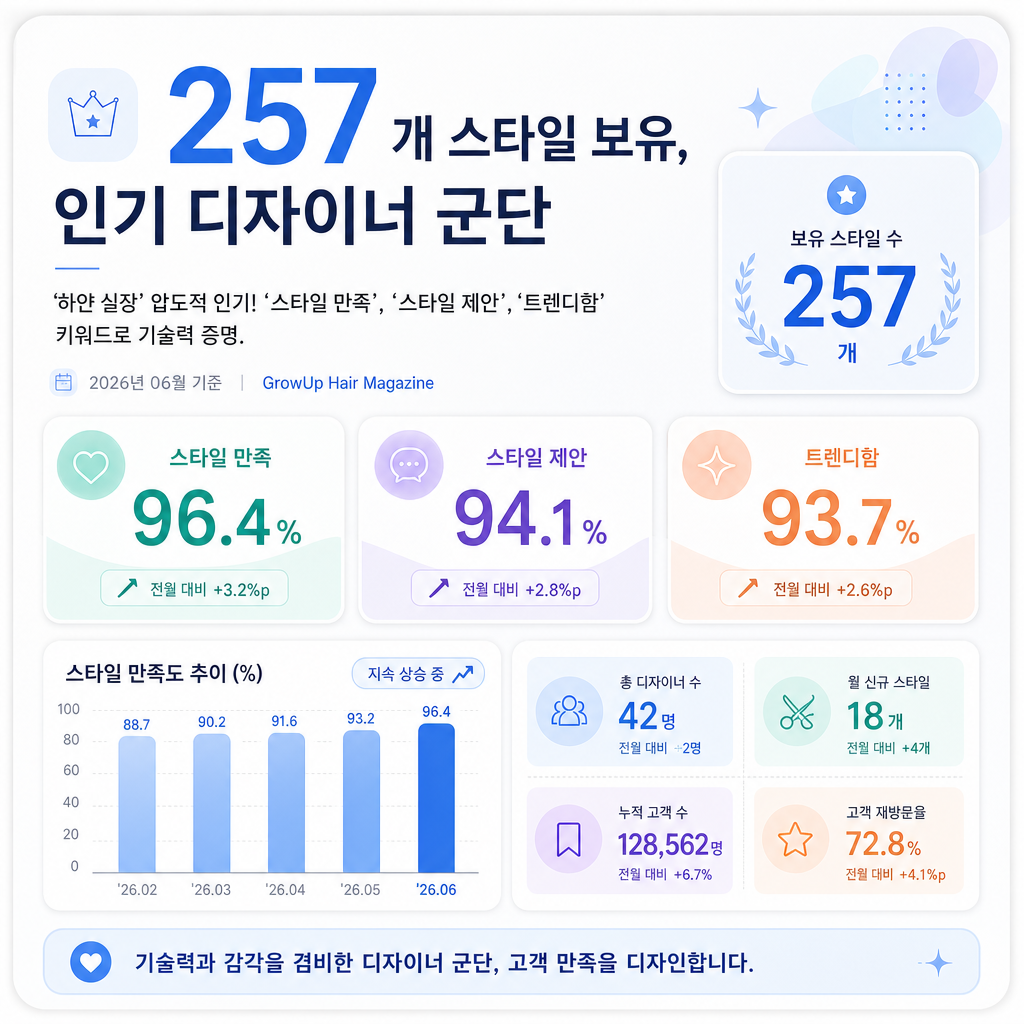 257개 스타일 보유, 인기 디자이너 군단 — '하얀 실장' 압도적 인기! '스타일 만족', '스타일 제안', '트렌디함' 키워드로 기술력 증명.