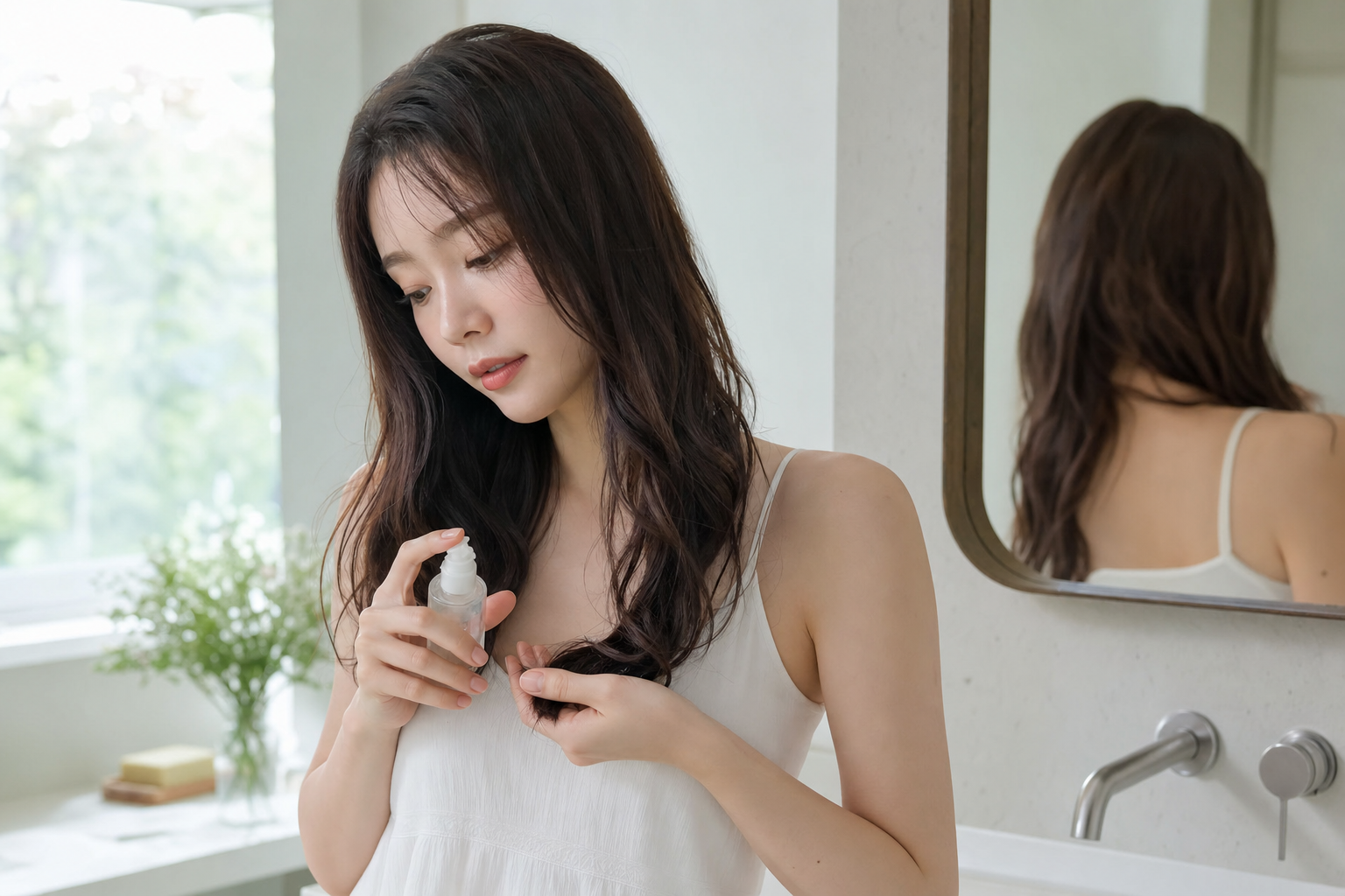 푸석한 손상모에 헤어에센스를 바르는 일상 관리 장면