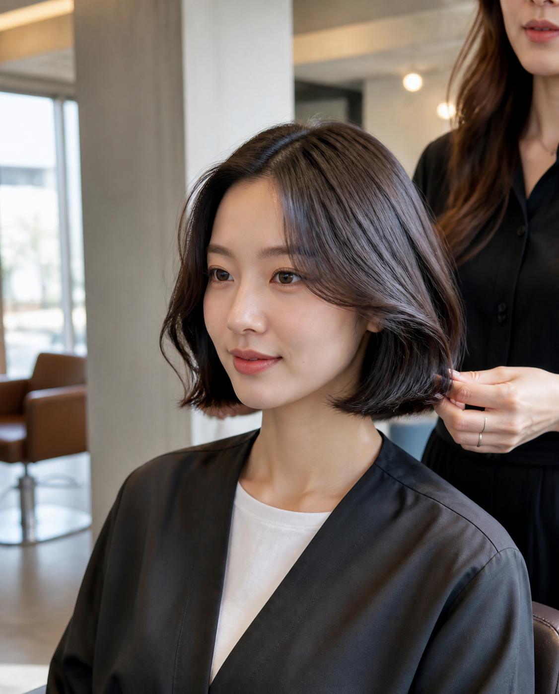펌 시술 전 상담과 스타일 확인 장면