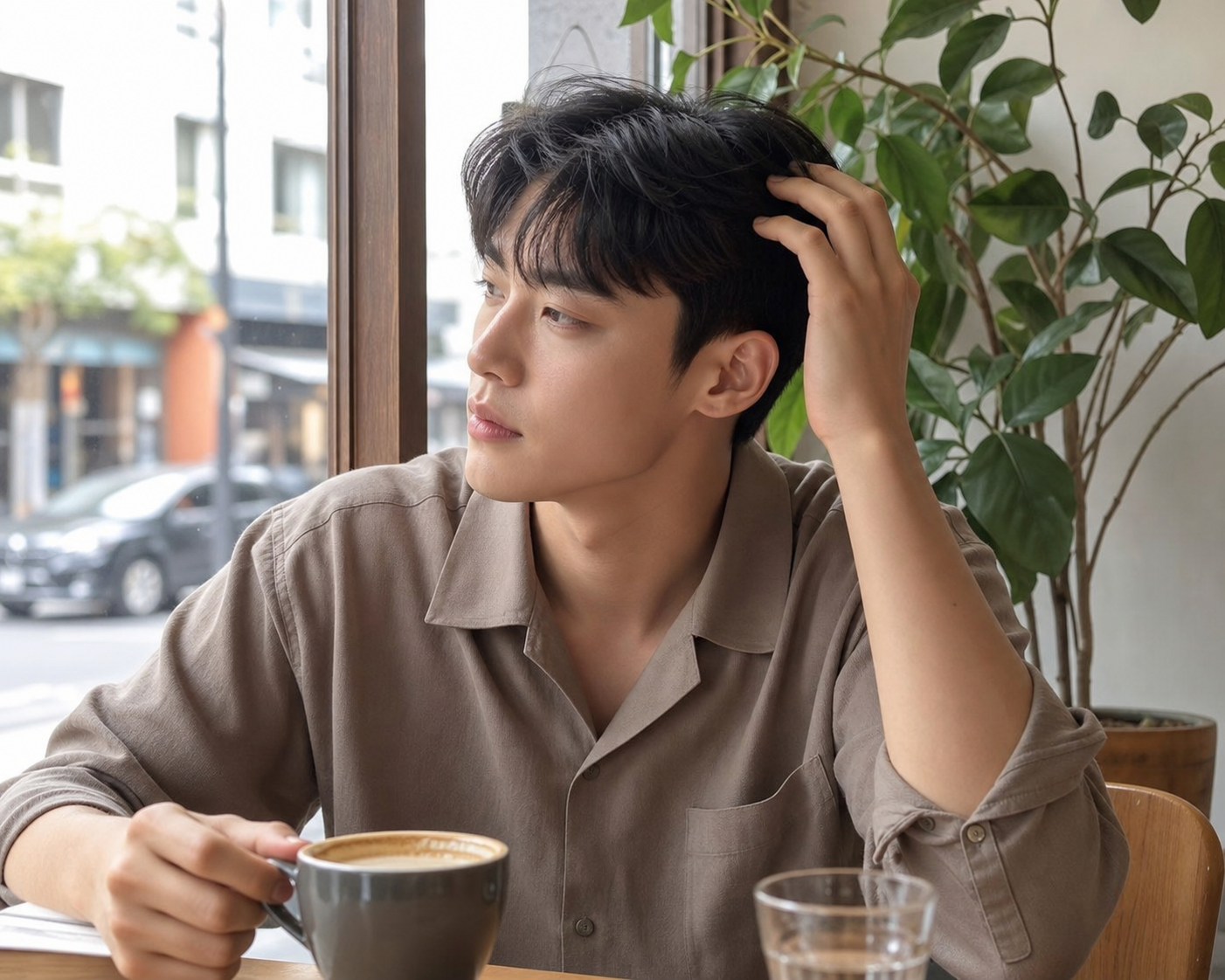 카페 창가에서 보이는 부드러운 볼륨감