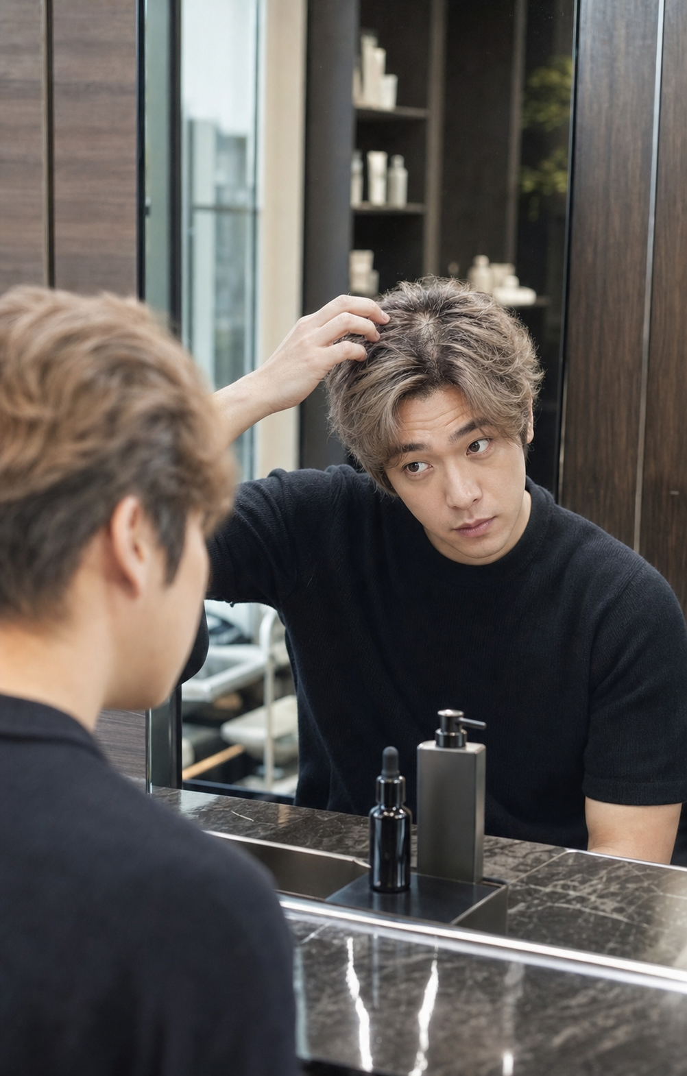 샴푸와 두피 앰플을 함께 사용하는 홈케어 장면