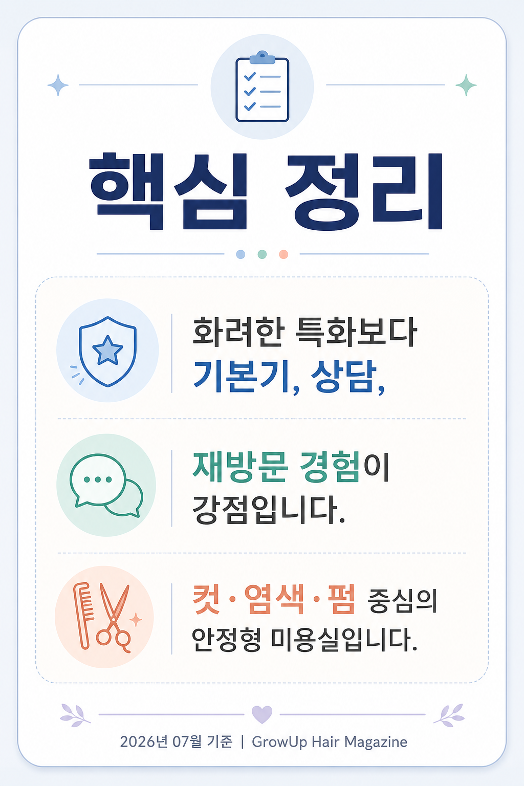 핵심 정리 — 화려한 특화보다 기본기, 상담, 재방문 경험이 강점입니다. 컷·염색·펌 중심의 안정형 미용실입니다.
